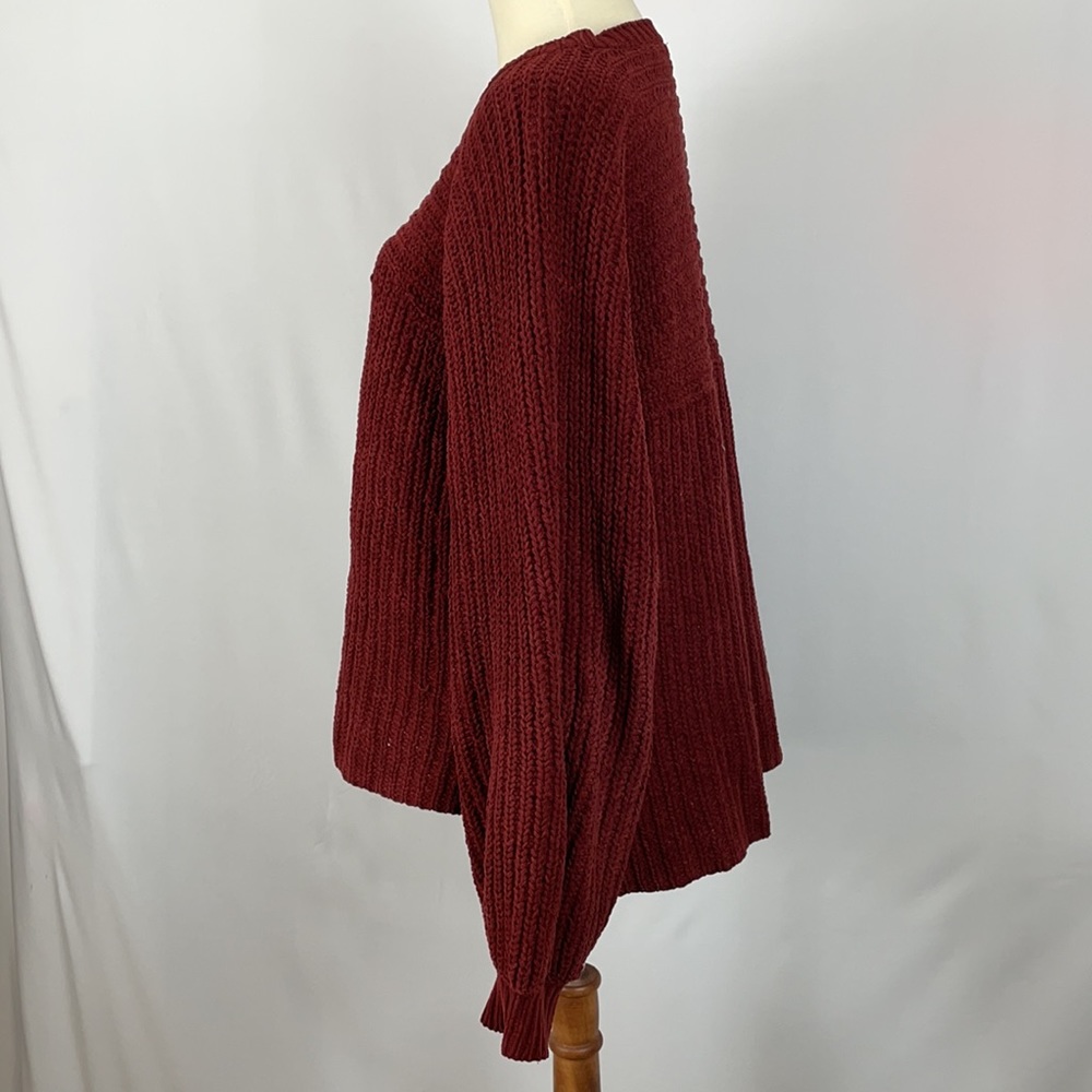 Free People Maroon Chunky Cable Knit Sweater w/Balloon Sleeves & Hi Lo Hem - Picture 5 of 14